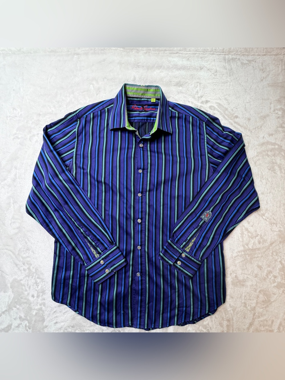 Robert Graham Blue and Green Striped Button-Down Shirt